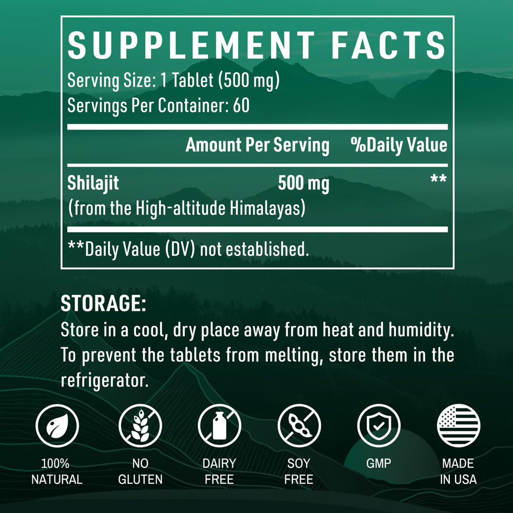 Shilajit tablets packaging highlighting fulvic acid content