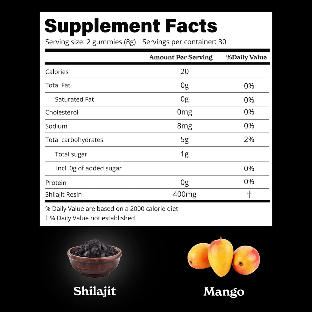 Back view of Himalayan Shilajit Mango Gummies bottle showing supplement facts