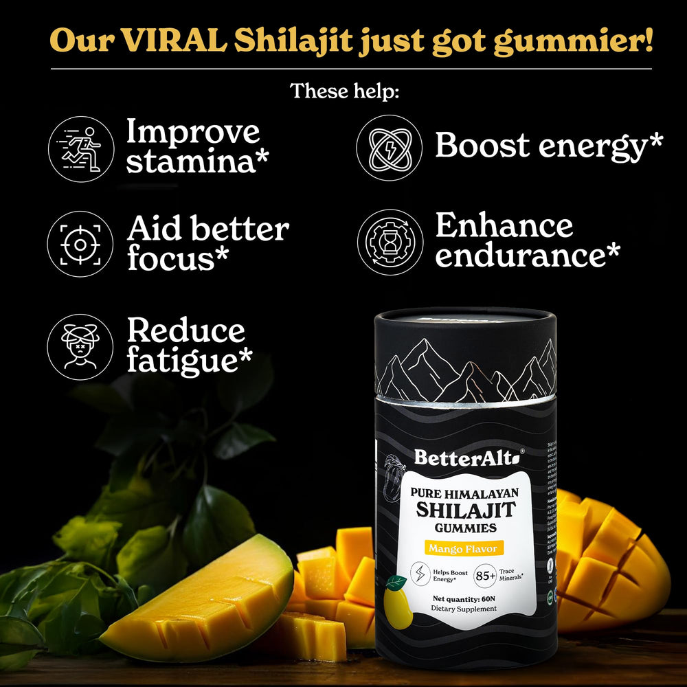 Label close-up on Shilajit Mango Gummies jar
