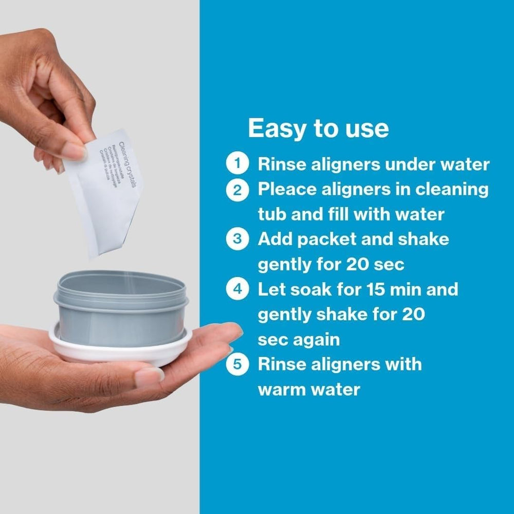 Bright, clear aligners after cleaning with crystals