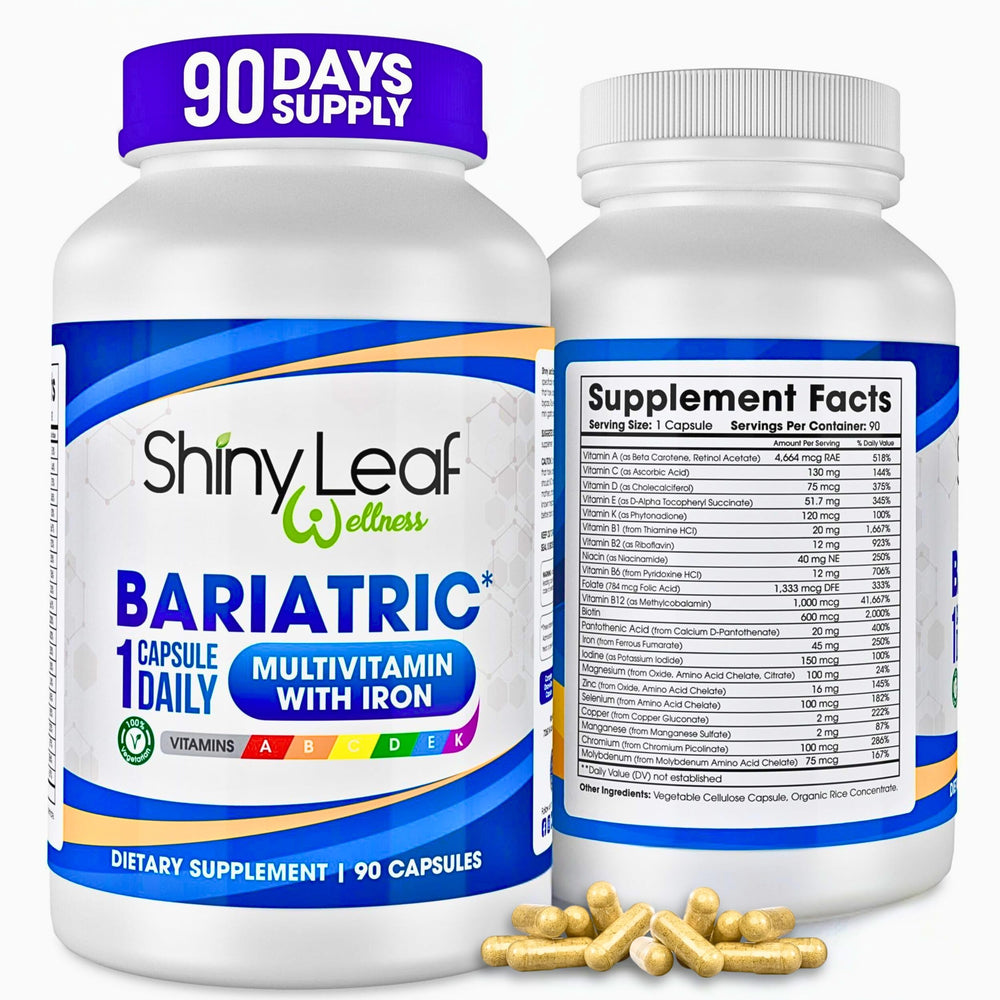 Front view of Shiny Leaf Bariatric Multivitamin with Iron 45 mg bottle