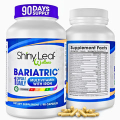 Front view of Shiny Leaf Bariatric Multivitamin with Iron 45 mg bottle