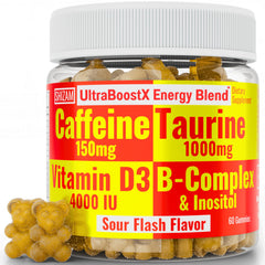 Bottle label close-up of SHIZAM Energy Gummies with Taurine and Caffeine