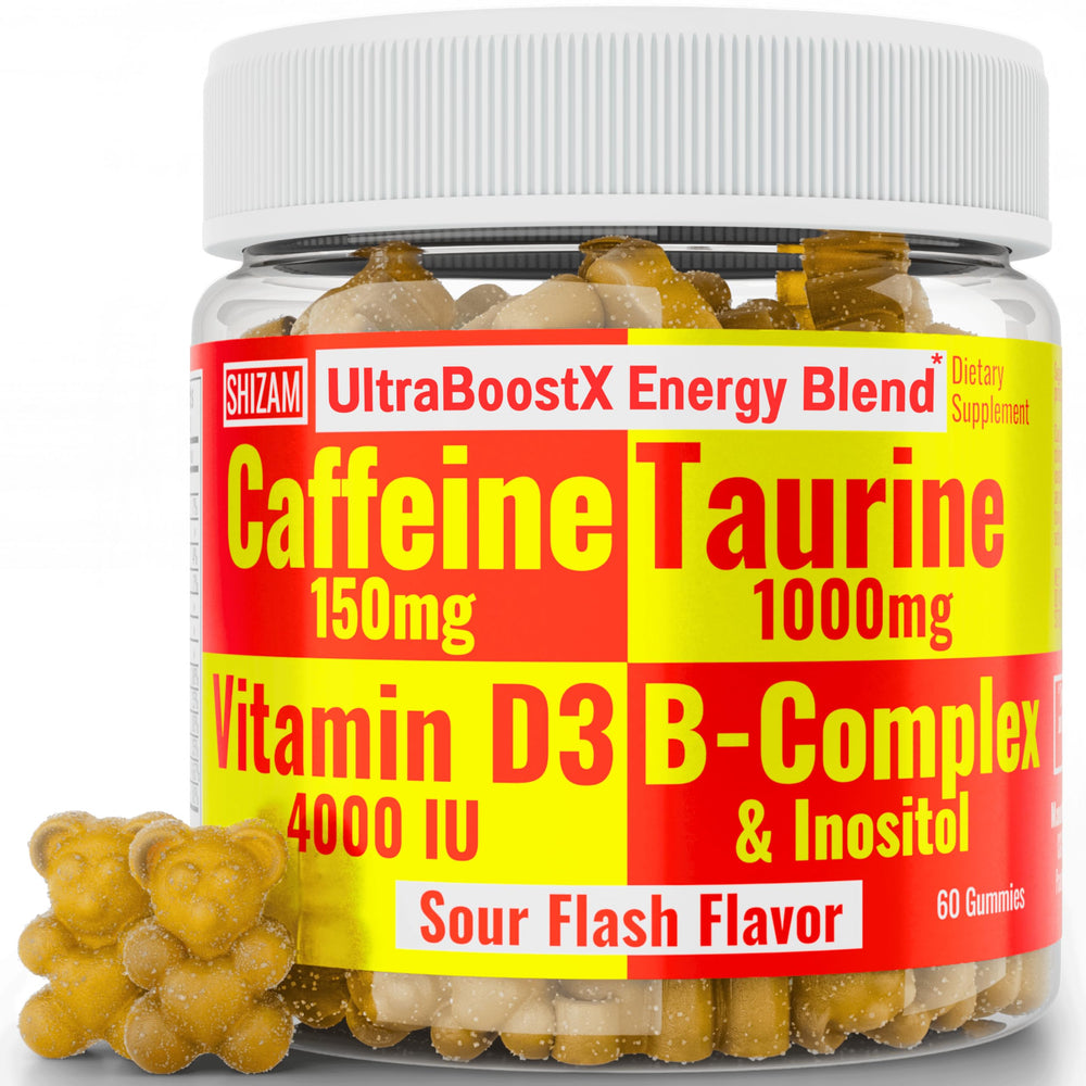 SHIZAM taurine caffeine energy gummies bottle for daily energy.