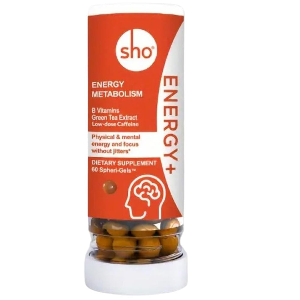 SHO Energy+ vegan energy and focus supplement bottle with label