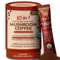 ShroomDNA 10-in-1 Organic Mushroom Coffee HiCaf packaging with 30 sticks