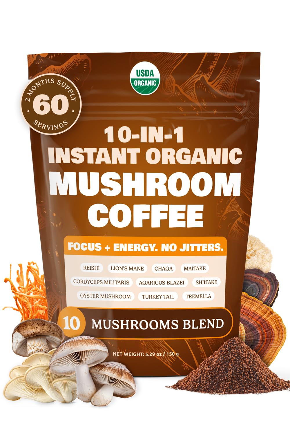 ShroomDNA 10-in-1 Mushroom Coffee pouch with 60 servings