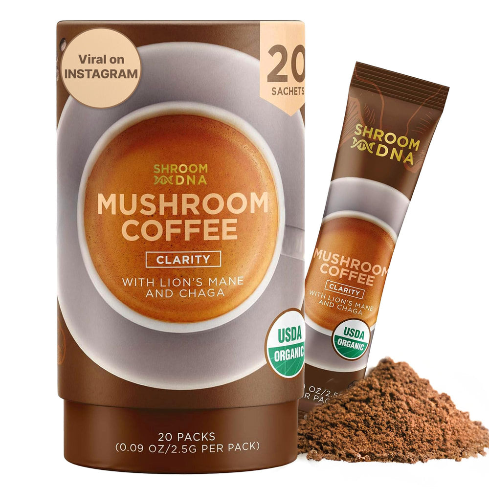 Main image: ShroomDNA mushroom coffee blend with Chaga and Lion's Mane