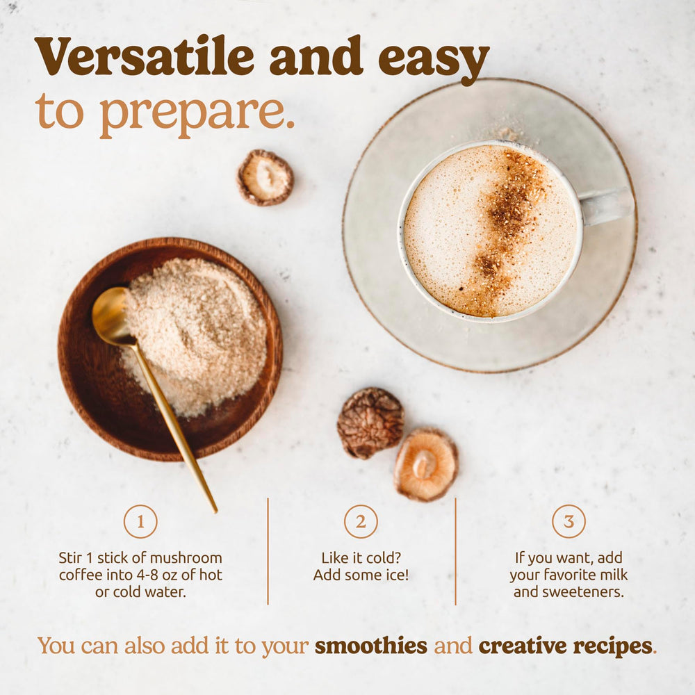 Mug of mushroom coffee showing energy and focus benefits