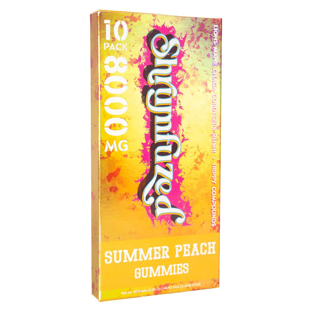 Close-up of Shrumfuzed gummy texture with Summer Peach label