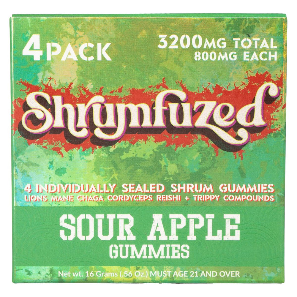 Shrumfuzed 3200mg four-mushroom nootropic gummy bottle in Sour Apple flavor with Lion's Mane, Reishi, Cordyceps, and Chaga