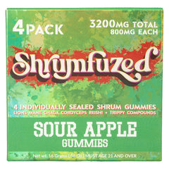 Shrumfuzed 3200mg four-mushroom nootropic gummy bottle in Sour Apple flavor with Lion's Mane, Reishi, Cordyceps, and Chaga