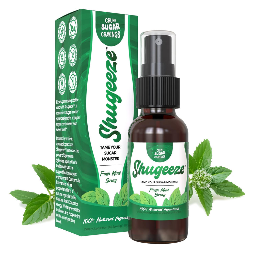 SHUGEEZE mint oral spray bottle ready for fast sugar craving relief on the go.