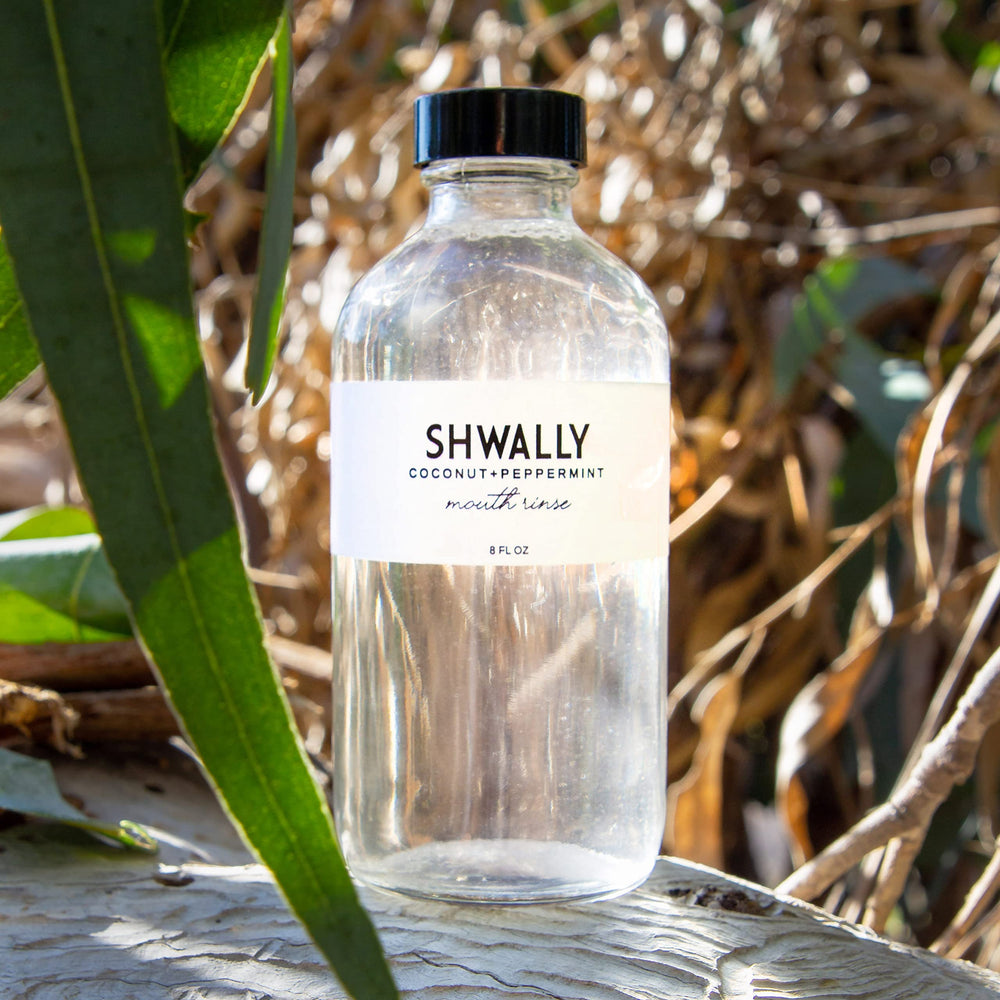 Shwally Peppermint Coconut Mouth Rinse bottle close-up