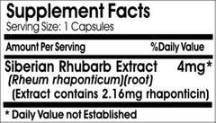 Front view of Siberian Rhubarb Extract 4mg bottle with 200 capsules