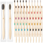 120-pack bamboo toothbrushes in assorted colors with A-E letters on handles