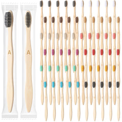 120-pack bamboo toothbrushes in assorted colors with A-E letters on handles