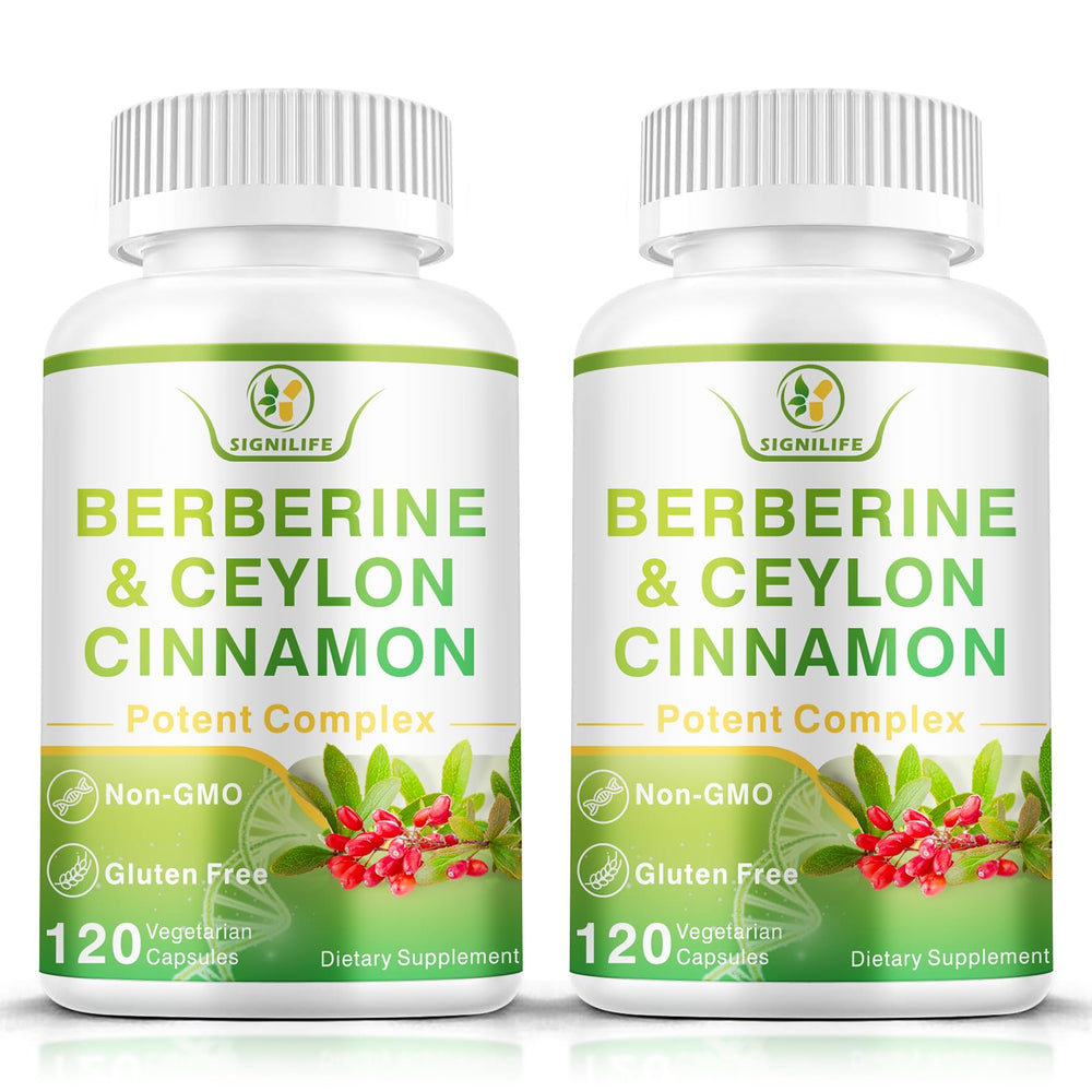 SIGNILIFE Berberine with Cinnamon bottle and capsules showing 1200mg Berberine HCl