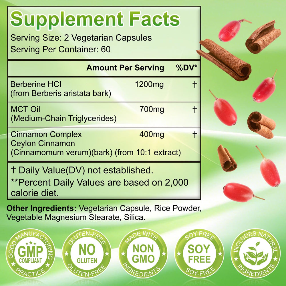 Close-up of Berberine HCl and MCT oil ingredients