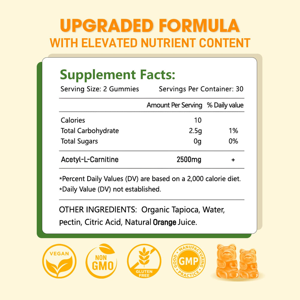 Close-up of Sijigood Acetyl L-Carnitine gummies showing orange flavor