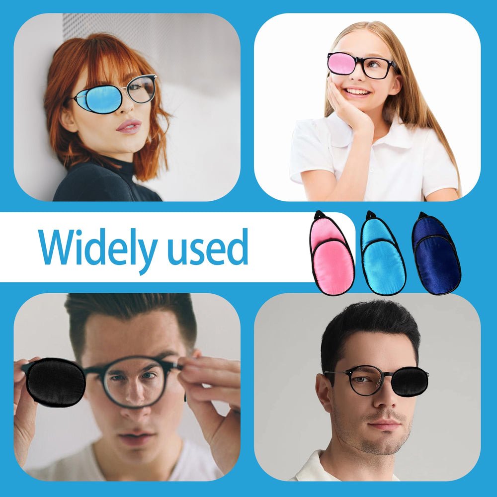 Silk eye patch covers either eye or glasses for amblyopia care