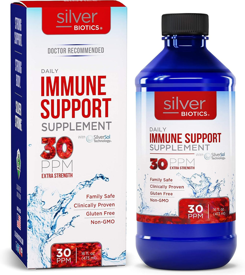 Front view of Silver Biotics 30 PPM Immune Support bottle 16 oz