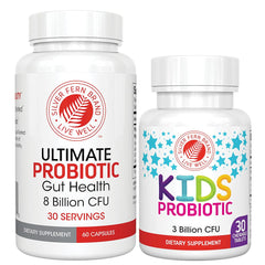 Packaging showing Silver Fern Family Probiotics adult and kids bottles