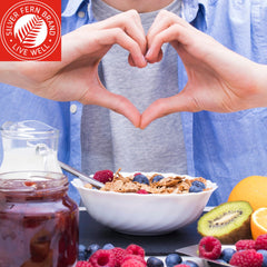 Silver Fern probiotic balance illustration hints at happier gut and mood support.