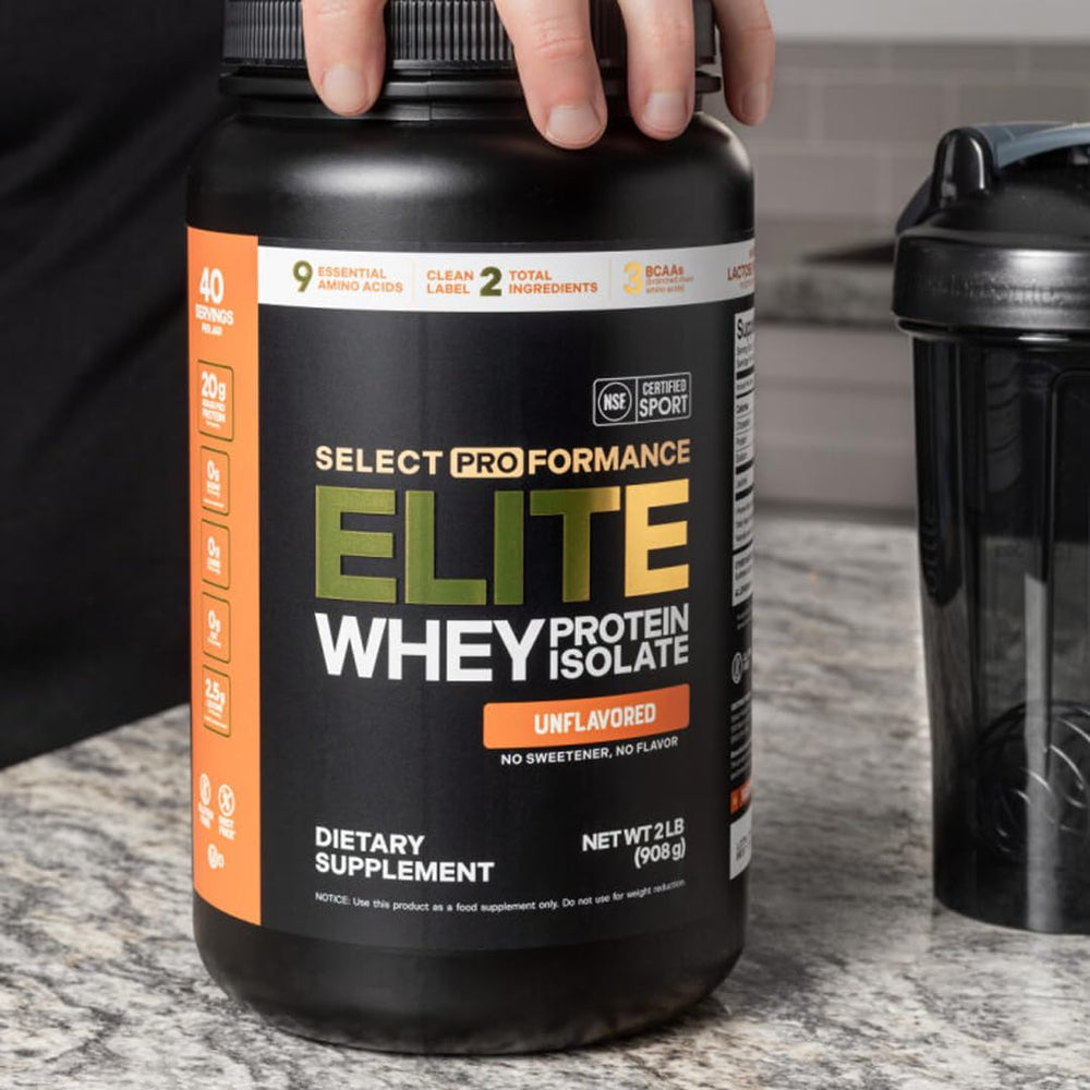 Silver Star Nutrition Select Proformance Elite Whey Isolate scoop on shaker demonstrates lactose-friendly protein option.