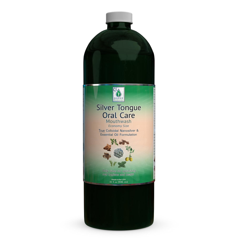 Front view of Silver Tongue Oral Care Mouthwash bottle 32 oz
