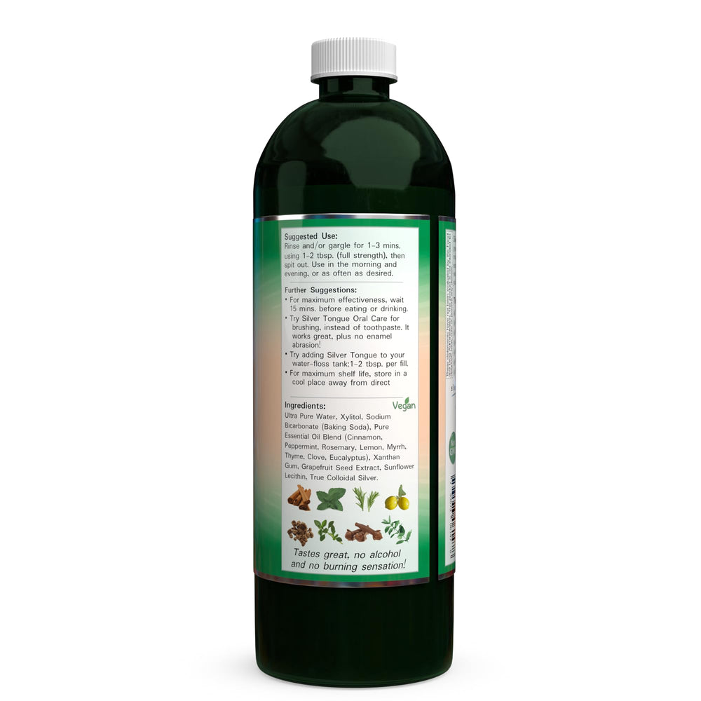 Close-up of Silver Tongue Oral Care label highlighting natural ingredients
