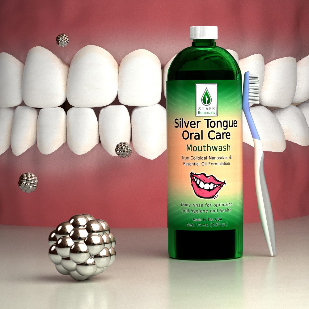 Lifestyle shot of Silver Tongue Mouthwash with natural, clean branding