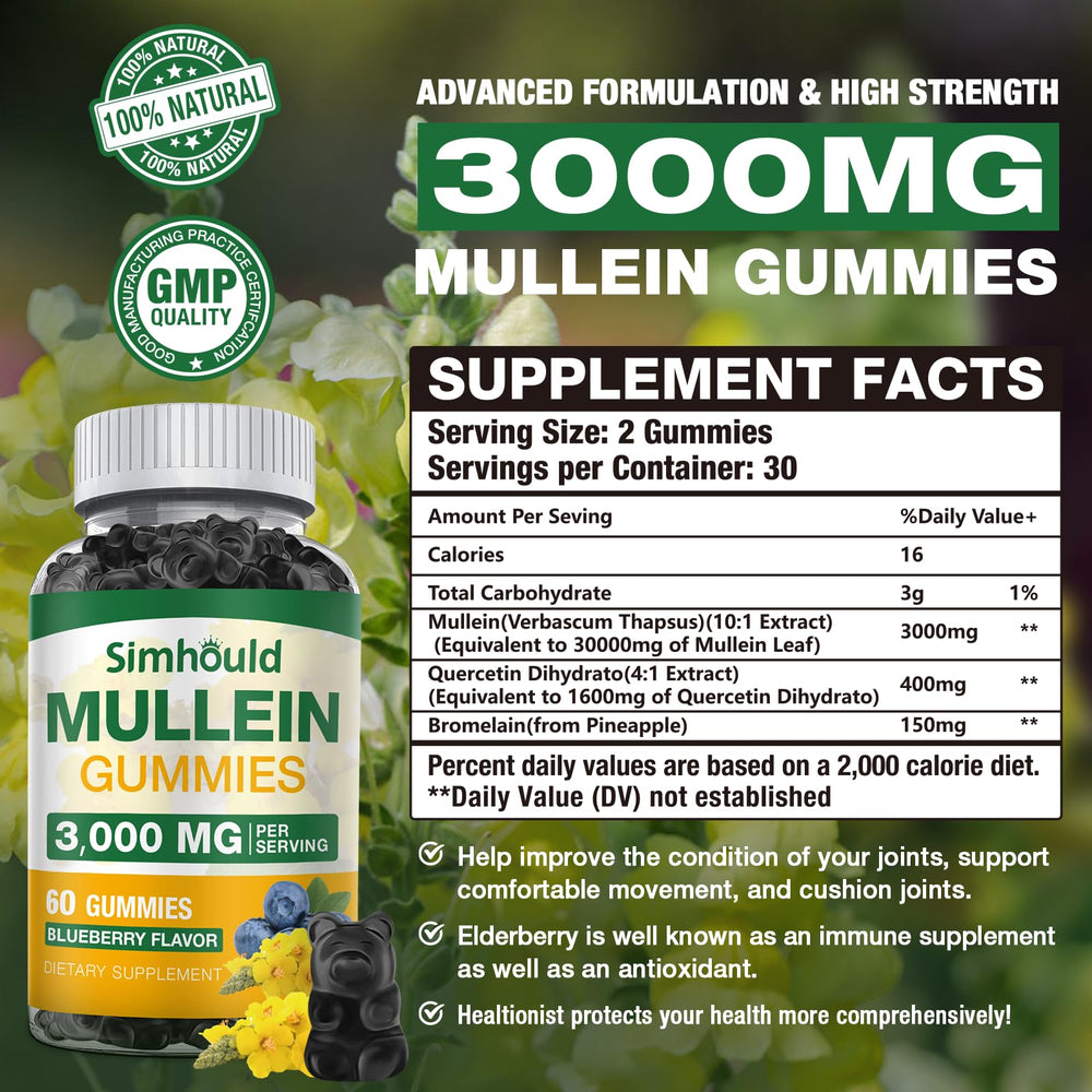 Back view of Simhould 2-pack Mullein Gummies 3000mg with nutrition panel