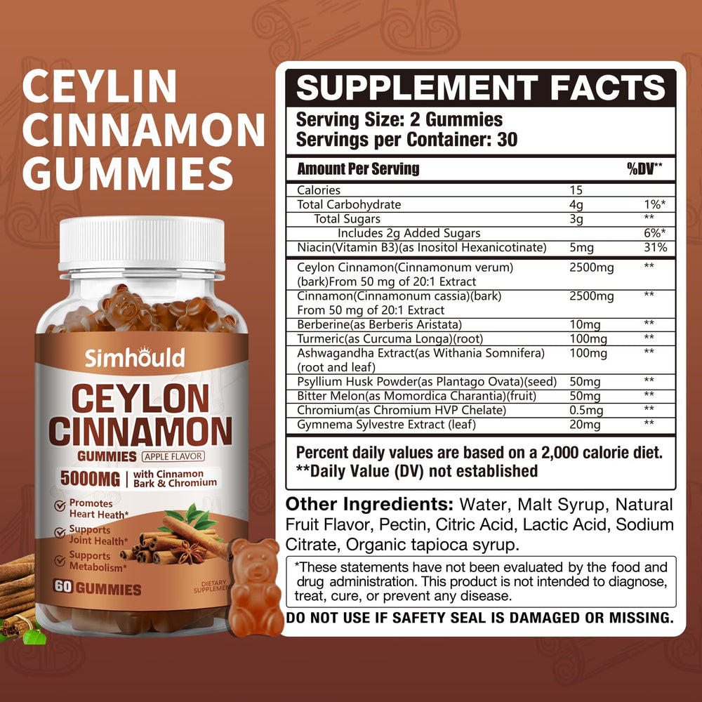 Simhould Cinnamon Gummies bottle label showing 120 gummies