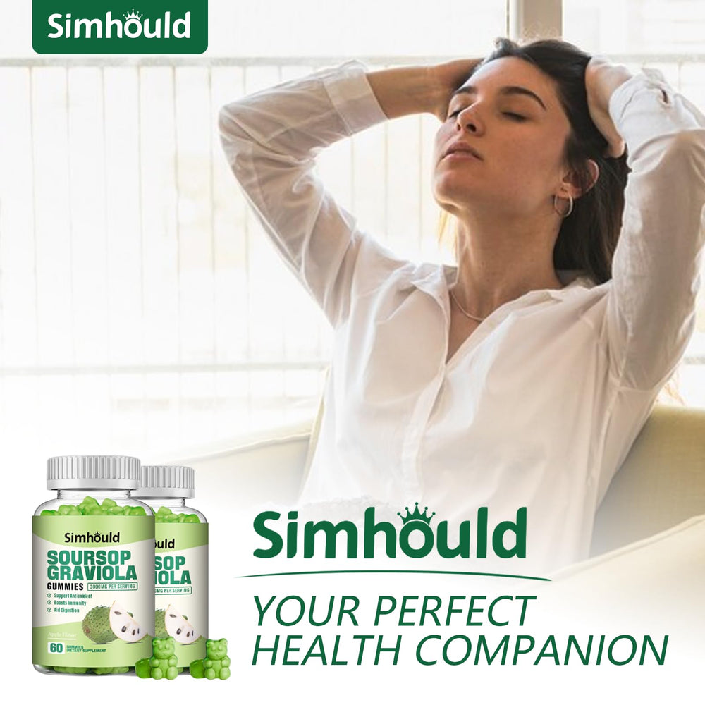 Lifestyle shot of Simhould Soursop Graviola Gummies on a kitchen counter