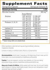 Back label showing Similase ingredients and enzymes