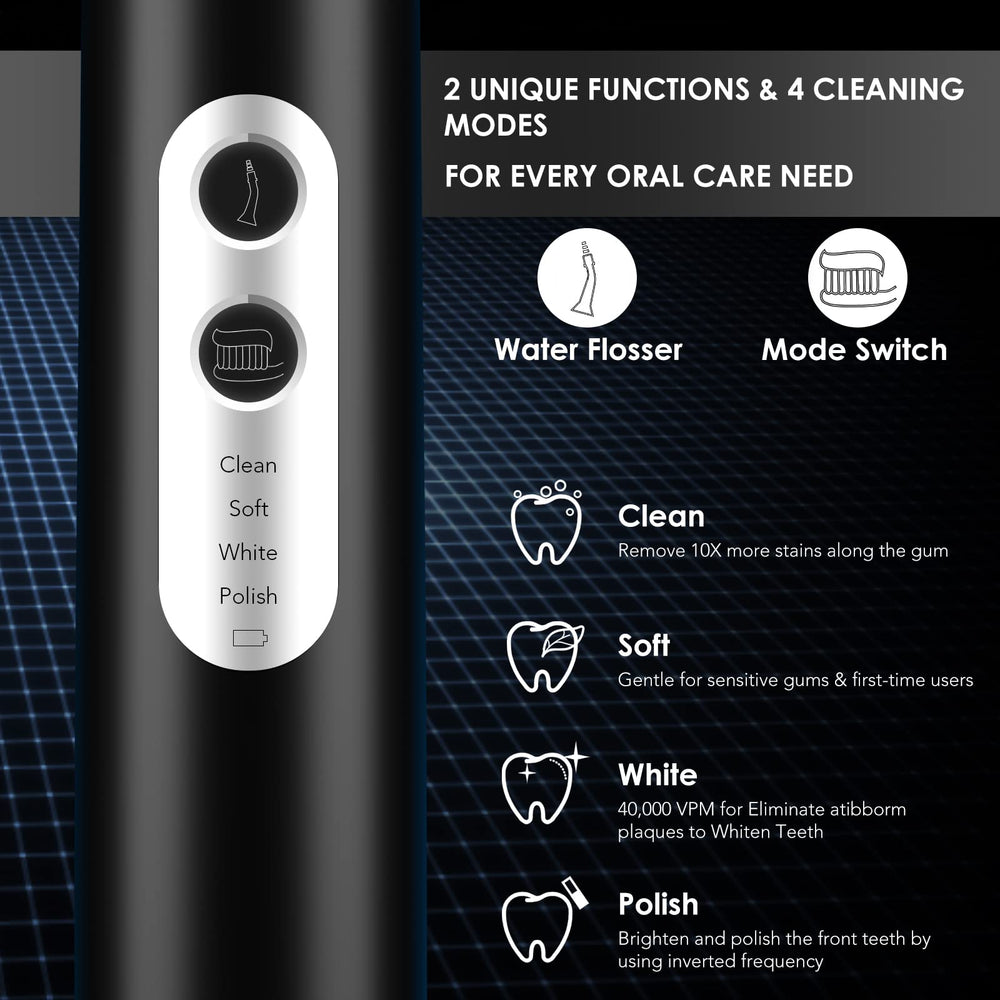Close-up of water flosser nozzle attached to the toothbrush in use