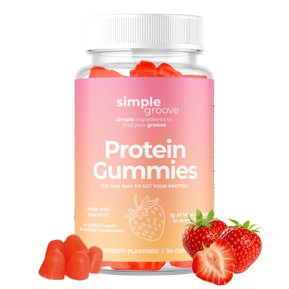 Simple Groove Protein Gummies bottle front Mango & Strawberry flavor, 90 count