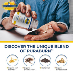 Simple Promise PuraBurn label close-up highlighting sea moss and burdock ingredients.