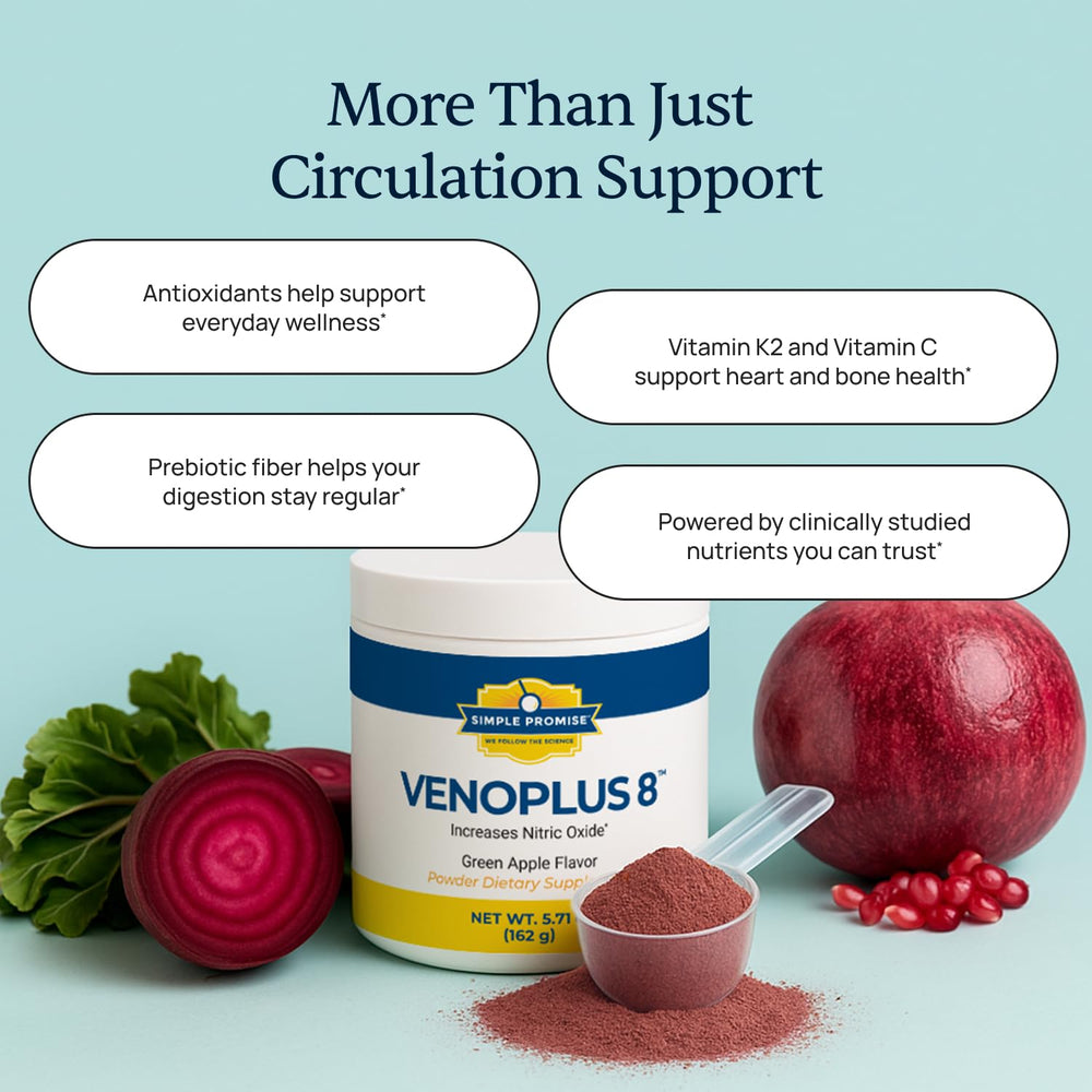 Simple Promise VenoPlus8 nutrition facts label on packaging communicates heart and energy support