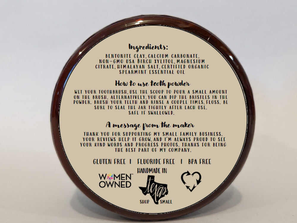 Ingredients include Bentonite clay, Xylitol, Magnesium, Himalayan salt, Spearmint essential oil