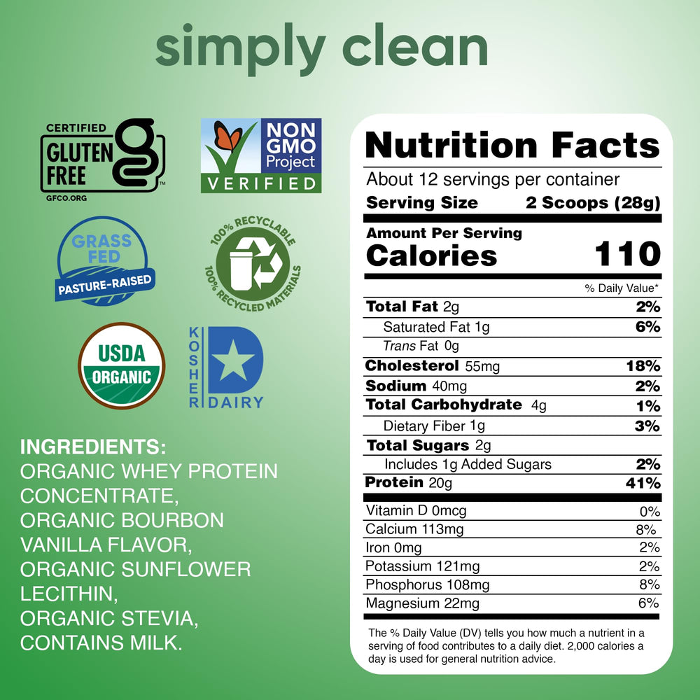 Simply Tera's grass-fed label on whey powder indicates clean, non-GMO protein.