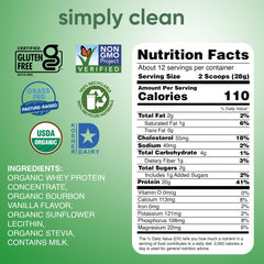 Simply Tera's grass-fed label on whey powder indicates clean, non-GMO protein.