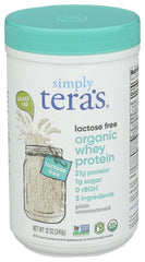 Front view of Simply Tera'S Organic Plain Lactose Free Whey Protein 12oz tub