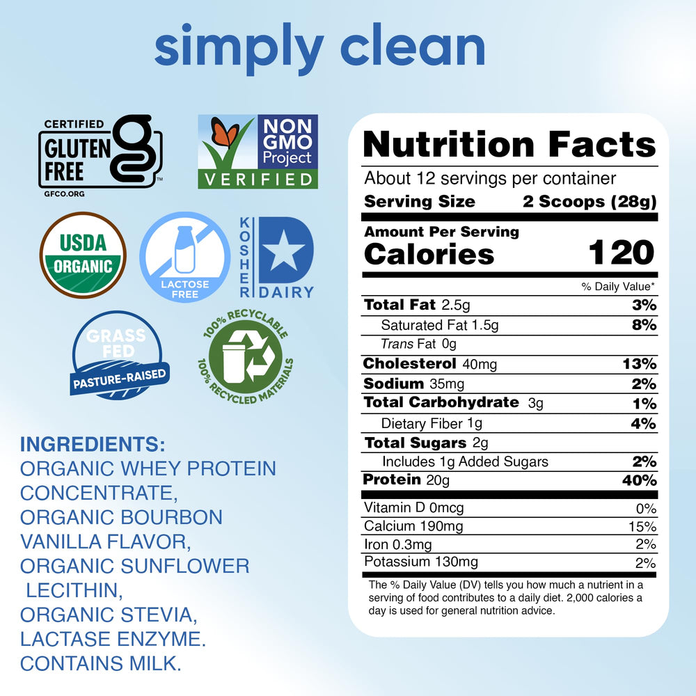 Simply Tera's organic whey protein close-up highlighting 20g protein per serving and clean ingredients.