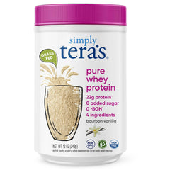Simply Tera's Pure Whey Vanilla tub highlights grass-fed protein for clean nutrition