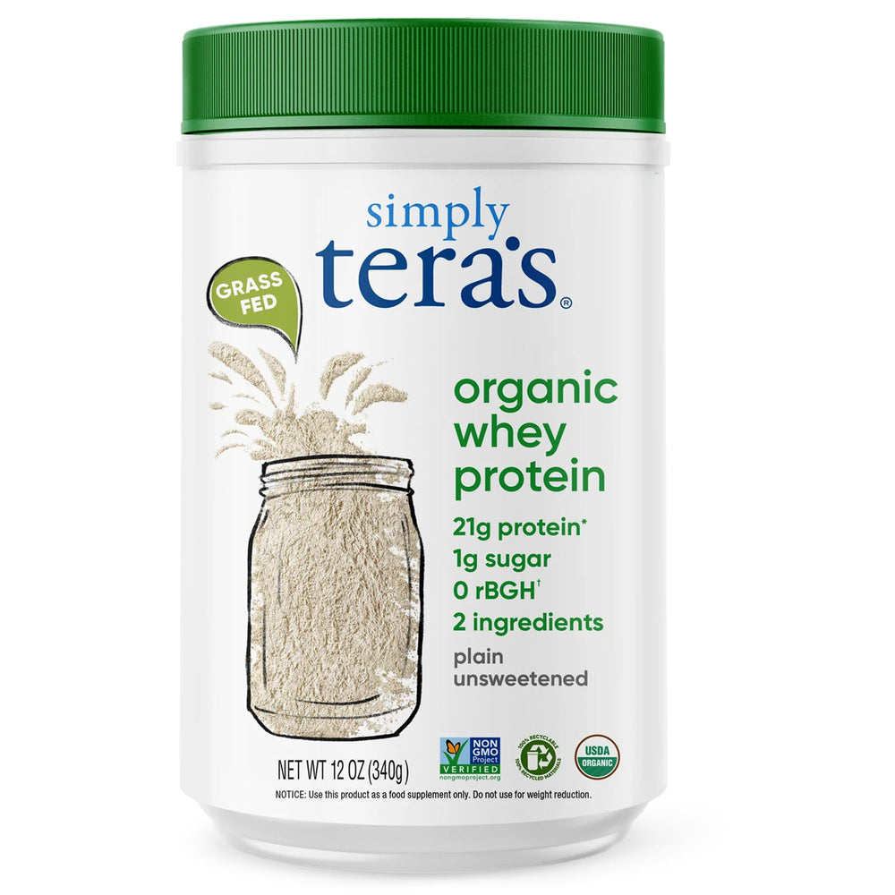 Simply Teras whey plain unsweeten 12oz bottle showcases clean organic protein for post-workout fueling