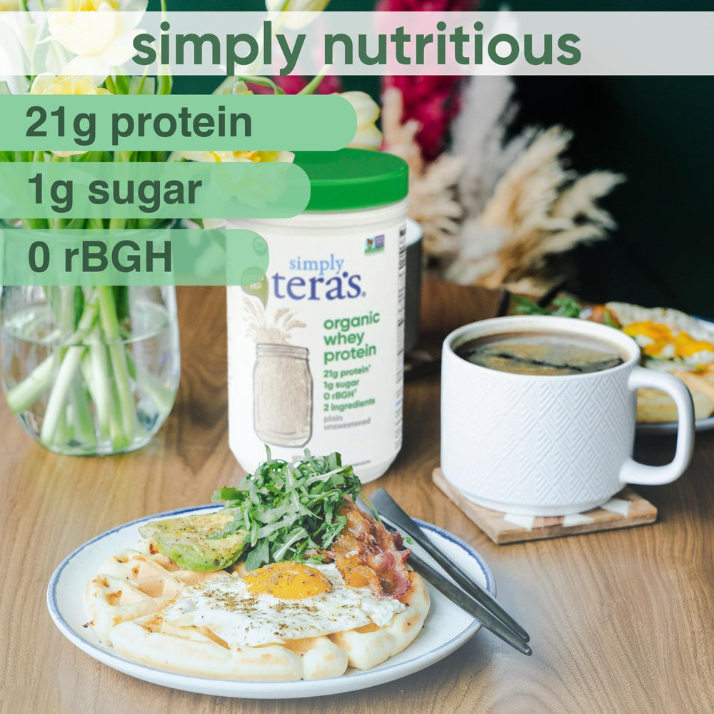 Simply Teras whey plain unsweeten 12oz label highlights organic ingredients and two-ingredient formula