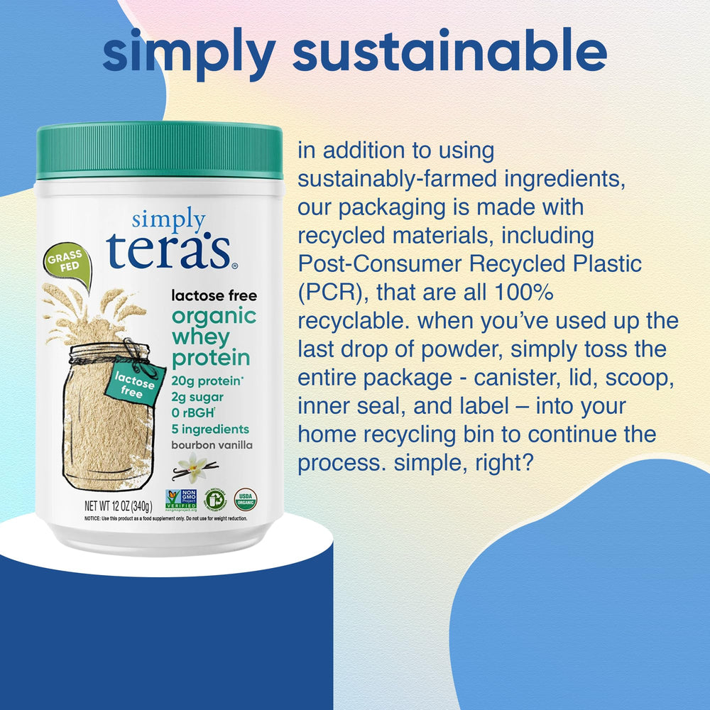 Simply tera's whey powder nutrition facts close-up reveals 20g protein per serving