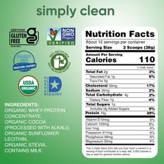 Simply Tera's whey protein dark chocolate scoop demonstrates easy measurement for smoothies.